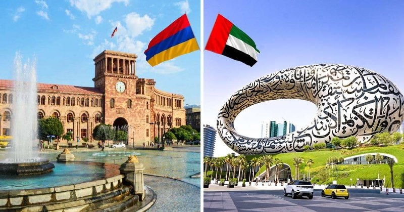 Флаг Армении и ОАЭ на фоне здания правительства, Нор-Норк, Ереван